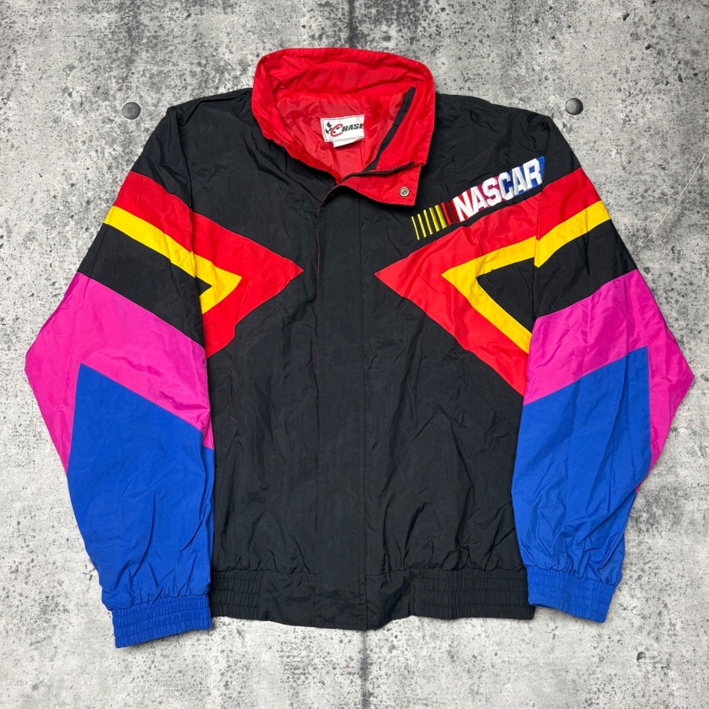 Vintage Chase Authentics NASCAR Colorblock Windbreaker Jacket Mens XL Black Red